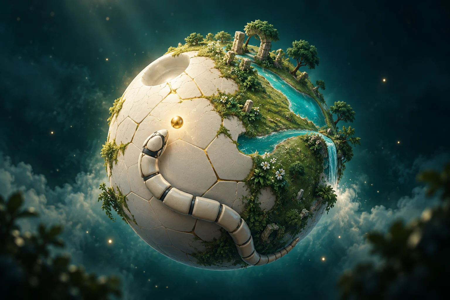 Sphercoil cover art: a serpent gathering a golden orb on a planet with greenery and turquoise water.